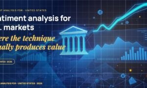 Stylised geometric financial dashboards floating in layered depth, glowing data streams arcing between abstract bank silhouettes, scattered fragments of charts and ledgers, particle field.