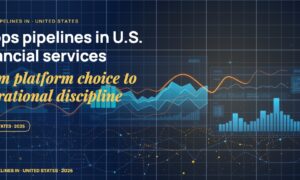 Stylised geometric financial dashboards floating in layered depth, glowing data streams arcing between abstract bank silhouettes, scattered fragments of charts and ledgers, particle field.