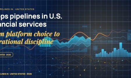 Stylised geometric financial dashboards floating in layered depth, glowing data streams arcing between abstract bank silhouettes, scattered fragments of charts and ledgers, particle field.