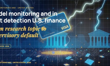 Stylised payment cards floating with glowing lightning arcs between bank silhouettes, scattered fragments of receipts and authorization tokens, particle field.
