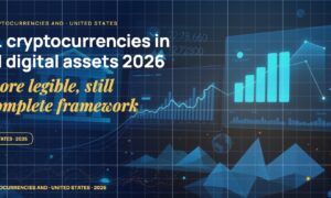 Stylised geometric financial dashboards floating in layered depth, glowing data streams arcing between abstract bank silhouettes, scattered fragments of charts and ledgers, particle field.