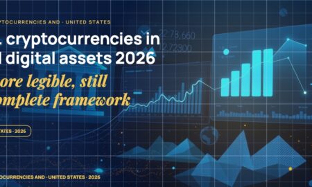 Stylised geometric financial dashboards floating in layered depth, glowing data streams arcing between abstract bank silhouettes, scattered fragments of charts and ledgers, particle field.