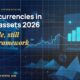 Stylised geometric financial dashboards floating in layered depth, glowing data streams arcing between abstract bank silhouettes, scattered fragments of charts and ledgers, particle field.