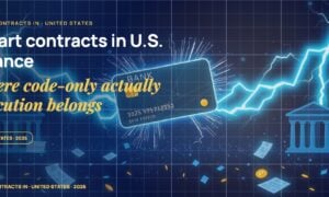 Stylised payment cards floating with glowing lightning arcs between bank silhouettes, scattered fragments of receipts and authorization tokens, particle field.