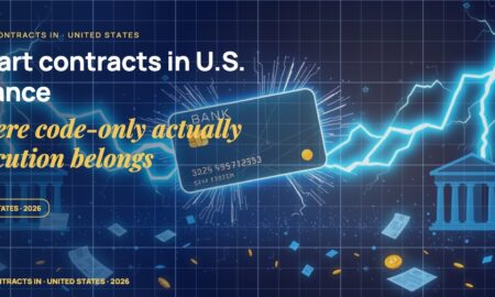 Stylised payment cards floating with glowing lightning arcs between bank silhouettes, scattered fragments of receipts and authorization tokens, particle field.