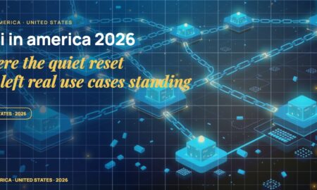 Multiple stylised blockchain nodes connected by glowing chain links, hexagonal block containers with stacked transaction blocks, scattered fragments of distributed ledger entries.