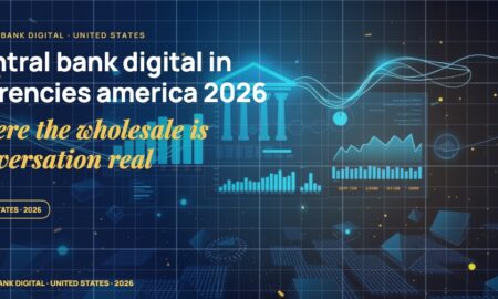 Stylised geometric financial dashboards floating in layered depth, glowing data streams arcing between abstract bank silhouettes, scattered fragments of charts and ledgers, particle field.