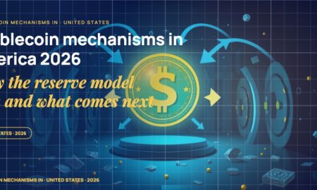 A luminous stablecoin token in the centre, abstract reserve vaults behind it, mint and redemption arrows looping around, scattered fragments of bank ledgers.