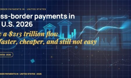 Stylised geometric financial dashboards floating in layered depth, glowing data streams arcing between abstract bank silhouettes, scattered fragments of charts and ledgers, particle field.