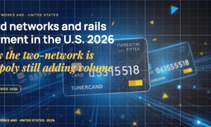 Stylised payment cards floating in layered depth, glowing tokenisation symbols replacing card numbers, scattered fragments of card networks routing arrows.