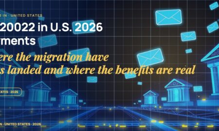 Abstract structured data envelopes flowing along luminous payment rails between stylised bank silhouettes, hexagonal message containers of varying sizes.