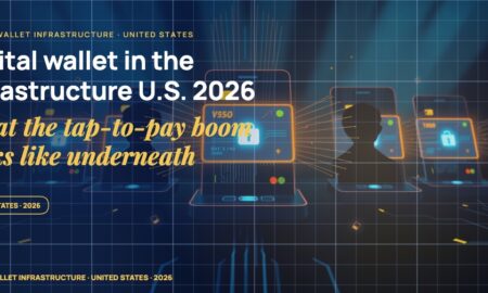 Stylised phone silhouettes with glowing tokenised card layers floating above the screens, contactless tap waves emanating outward, abstract secure element chips.