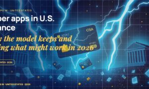 Stylised payment cards floating with glowing lightning arcs between bank silhouettes, scattered fragments of receipts and authorization tokens, particle field.