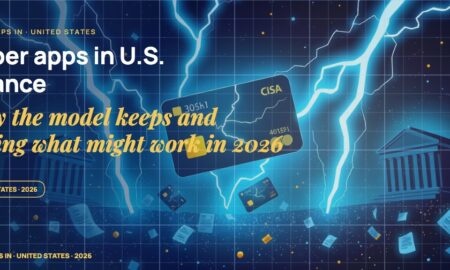 Stylised payment cards floating with glowing lightning arcs between bank silhouettes, scattered fragments of receipts and authorization tokens, particle field.