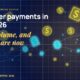 Glowing money packets and currency symbols streaming between stylised phone silhouettes, social interaction nodes connecting users, multiple instant-send arcs.