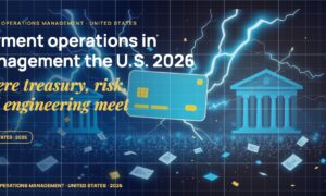 Stylised payment cards floating with glowing lightning arcs between bank silhouettes, scattered fragments of receipts and authorization tokens, particle field.