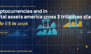 Stylised geometric financial dashboards floating in layered depth, glowing data streams arcing between abstract bank silhouettes, scattered fragments of charts and ledgers, particle field.