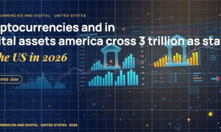Stylised geometric financial dashboards floating in layered depth, glowing data streams arcing between abstract bank silhouettes, scattered fragments of charts and ledgers, particle field.