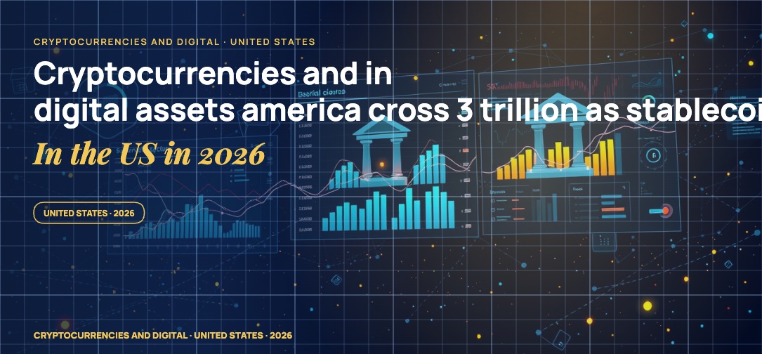 Stylised geometric financial dashboards floating in layered depth, glowing data streams arcing between abstract bank silhouettes, scattered fragments of charts and ledgers, particle field.