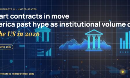 Stylised geometric financial dashboards floating in layered depth, glowing data streams arcing between abstract bank silhouettes, scattered fragments of charts and ledgers, particle field.
