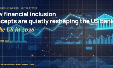 Stylised geometric financial dashboards floating in layered depth, glowing data streams arcing between abstract bank silhouettes, scattered fragments of charts and ledgers, particle field.