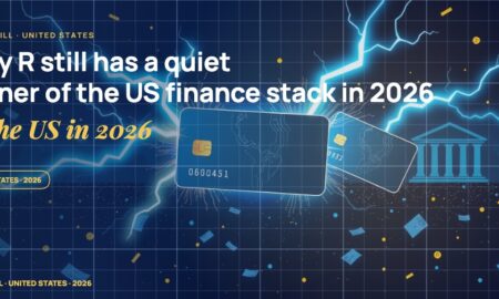 Stylised payment cards floating with glowing lightning arcs between bank silhouettes, scattered fragments of receipts and authorization tokens, particle field.