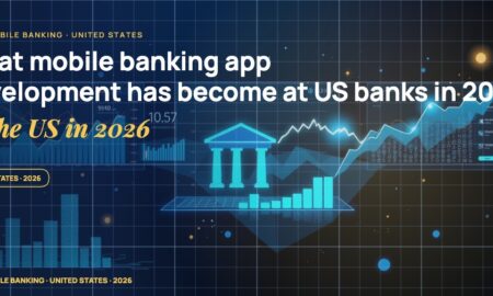 Stylised geometric financial dashboards floating in layered depth, glowing data streams arcing between abstract bank silhouettes, scattered fragments of charts and ledgers, particle field.