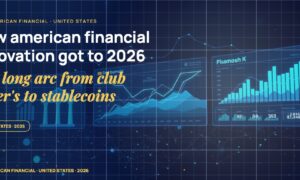 Stylised geometric financial dashboards floating in layered depth, glowing data streams arcing between abstract bank silhouettes, scattered fragments of charts and ledgers, particle field.