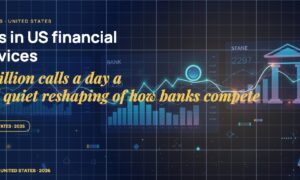 Stylised geometric financial dashboards floating in layered depth, glowing data streams arcing between abstract bank silhouettes, scattered fragments of charts and ledgers, particle field.