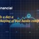 Stylised geometric financial dashboards floating in layered depth, glowing data streams arcing between abstract bank silhouettes, scattered fragments of charts and ledgers, particle field.