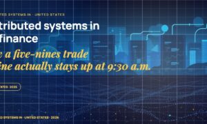 Stylised server rack silhouettes connected by glowing data conduits, with a translucent latency gauge dial in the foreground and fragments of trading dashboards scattered through the scene.