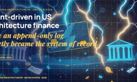Stylised payment cards floating with glowing lightning arcs between bank silhouettes, scattered fragments of receipts and authorization tokens, particle field.