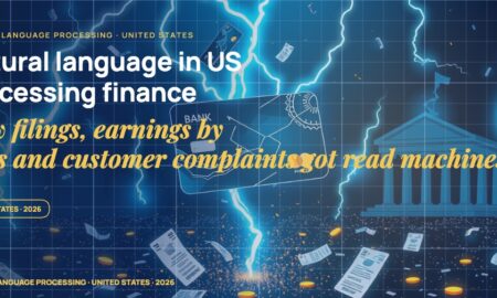 Stylised payment cards floating with glowing lightning arcs between bank silhouettes, scattered fragments of receipts and authorization tokens, particle field.