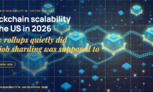 Multiple stylised blockchain nodes connected by glowing chain links, hexagonal block containers with stacked transaction blocks, scattered fragments of distributed ledger entries.