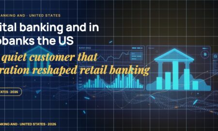 Stylised geometric financial dashboards floating in layered depth, glowing data streams arcing between abstract bank silhouettes, scattered fragments of charts and ledgers, particle field.