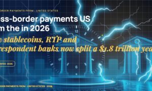Instant payment lightning arcs flowing between abstract bank silhouettes, a 24/7 clock ring around the scene, stylised payment dispatch containers.