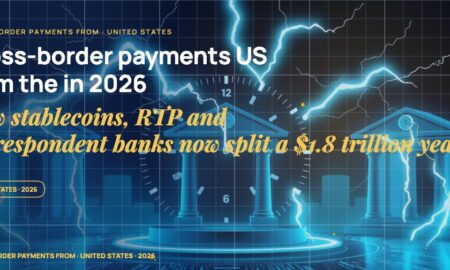 Instant payment lightning arcs flowing between abstract bank silhouettes, a 24/7 clock ring around the scene, stylised payment dispatch containers.