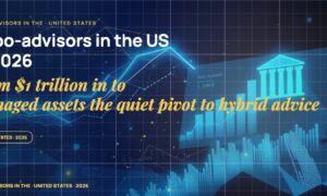 Stylised geometric financial dashboards floating in layered depth, glowing data streams arcing between abstract bank silhouettes, scattered fragments of charts and ledgers, particle field.