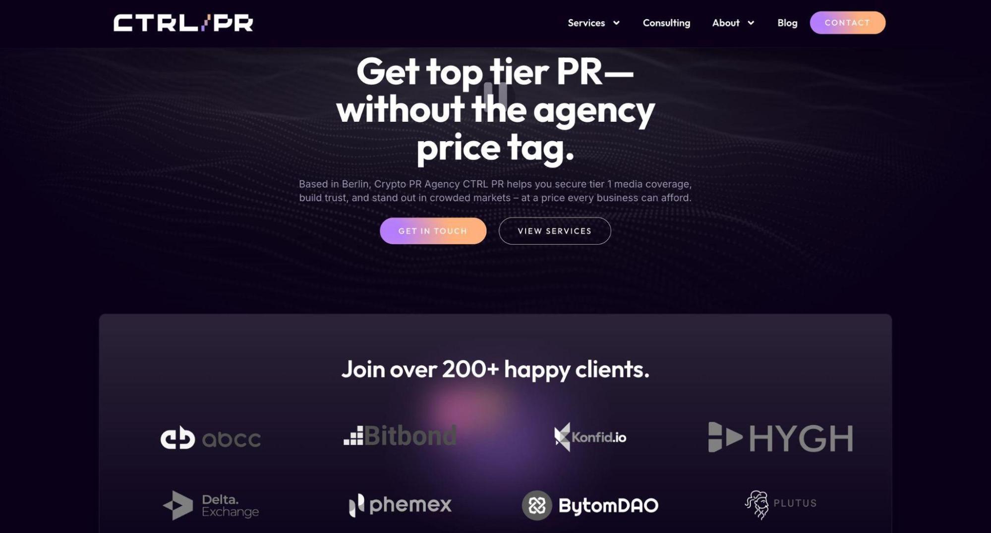 Alt text: CTRL-PR crypto PR agency homepage — tier 1 blockchain media coverage without agency pricing, based in Berlin