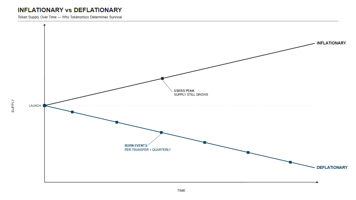 Inflationary token supply grows unchecked past the user-growth peak; a deflationary model contracts supply at every transfer and quarterly burn event, decoupling token value from user-count trajectory.