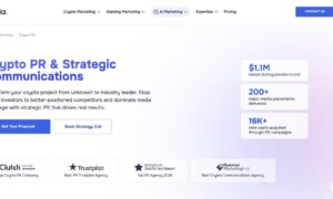 ICODA crypto PR agency homepage showing $1.1M raised, 200+ media placements, and 16K+ users acquired through PR campaigns