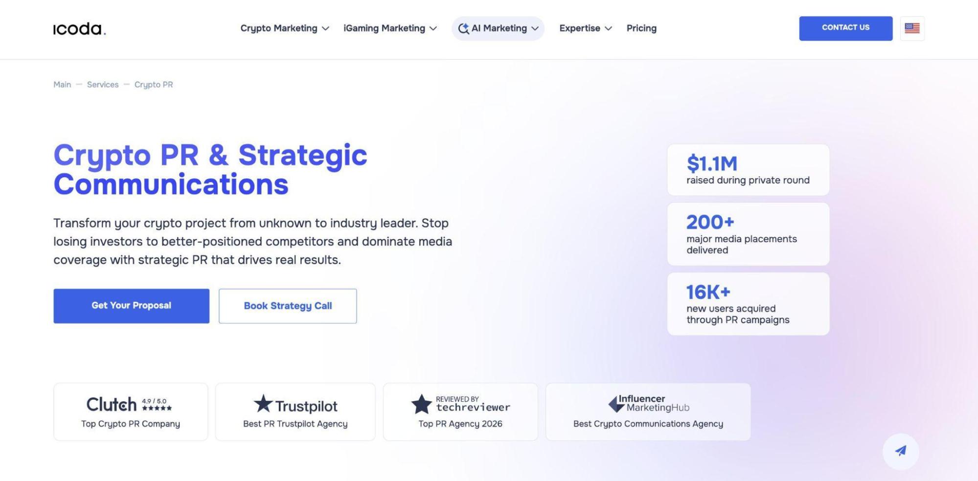 ICODA crypto PR agency homepage showing $1.1M raised, 200+ media placements, and 16K+ users acquired through PR campaigns
