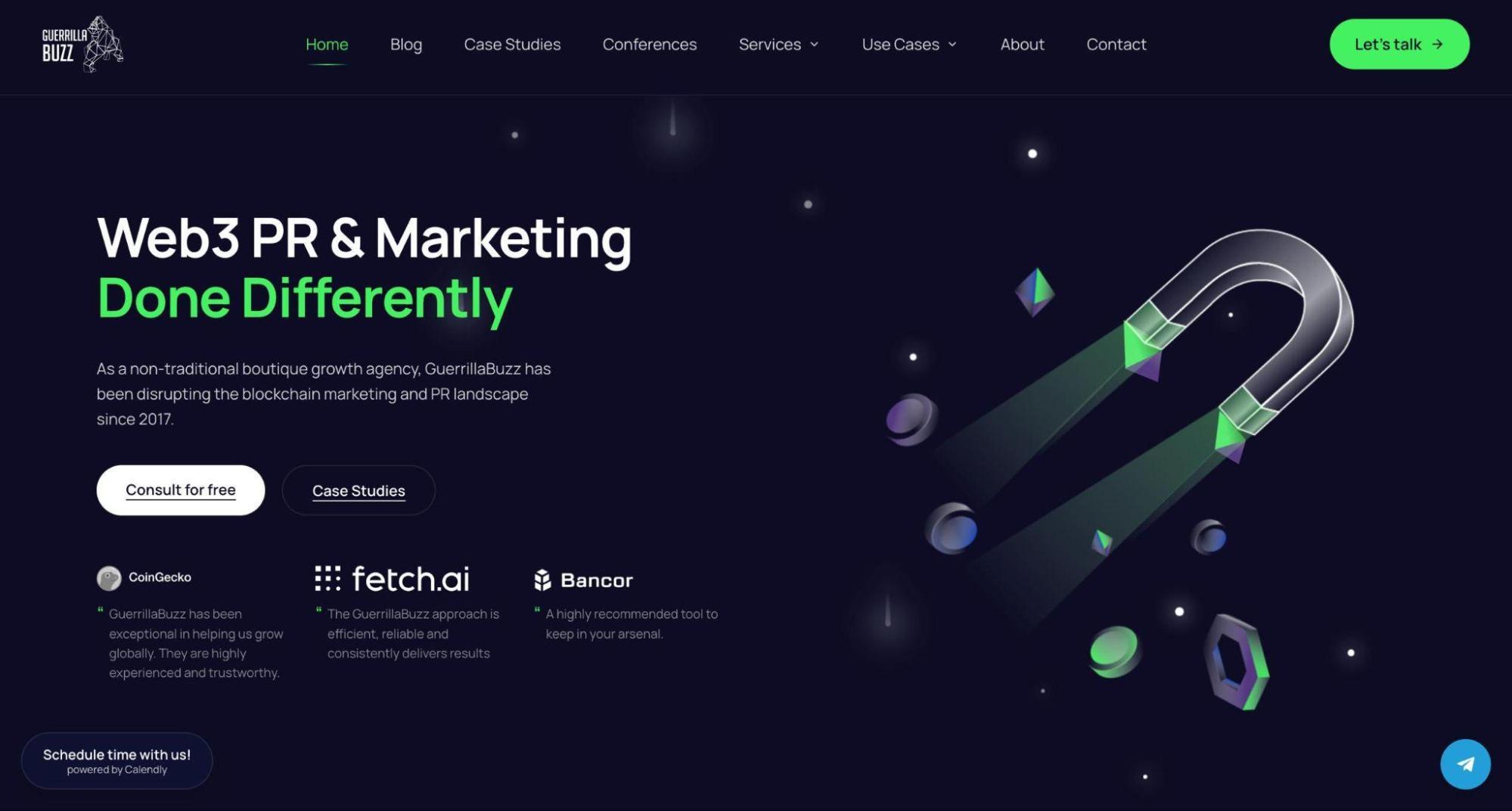 Alt text: GuerrillaBuzz Web3 PR and marketing agency homepage featuring client testimonials from CoinGecko, Fetch.ai, and Bancor