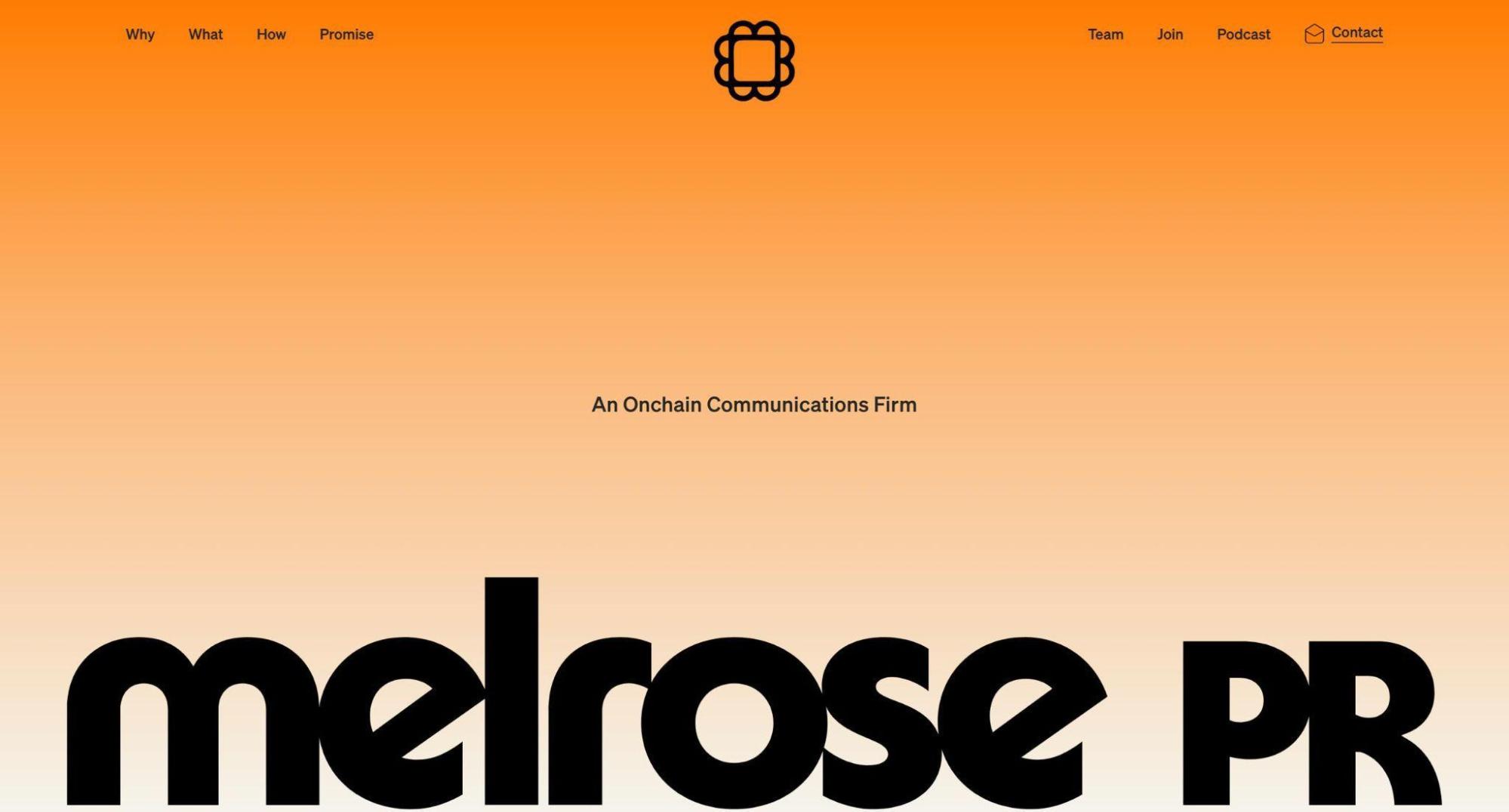 Alt text: Melrose PR onchain communications firm homepage — boutique crypto PR agency for Bitcoin and Web3 projects