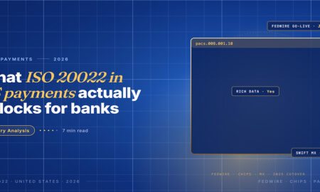 Editorial card hero for ISO 20022 in US payments in 2026: an XML message panel with pacs.008 tagged fields over a navy gradient with two-tier grid.
