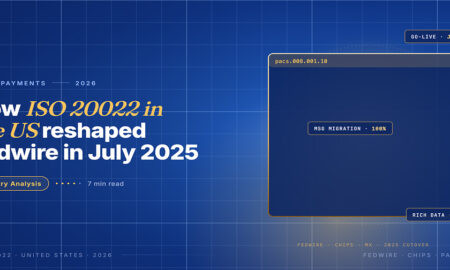Editorial card hero for ISO 20022 in US payments covering the July 2025 Fedwire cutover with a pacs.008 message panel.
