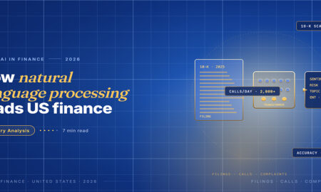 Editorial hero for NLP in US finance 2026: a 10-K filing panel feeding a transformer block which outputs sentiment, risk, topic and entity tags.