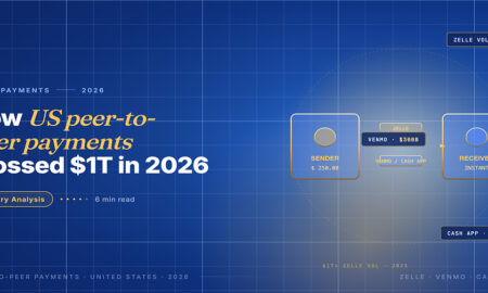 Editorial card hero for US peer-to-peer payments 2026 with sender to receiver instant flow and Zelle, Venmo and Cash App labels.