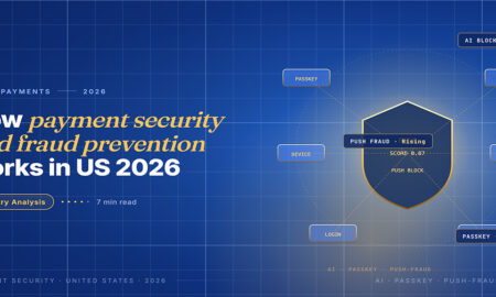 Editorial hero for US payment security and fraud prevention 2026: navy shield with AI risk score 0.87 PUSH BLOCK connected to six signal cards.