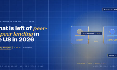 Editorial card hero for US peer-to-peer lending in 2026: a direct lender-to-borrower diagram with gold loan and repayment packets on a navy background.